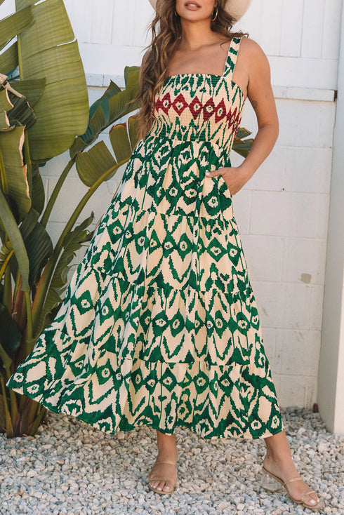 Desert Mirage Aztec Print Shirred Bodice A Line Maxi Dress